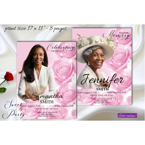 Pink Roses Funeral Program Obituary, Pink Sky Funeral Program Obituary Template,17x11,1-001f, (0-182)
